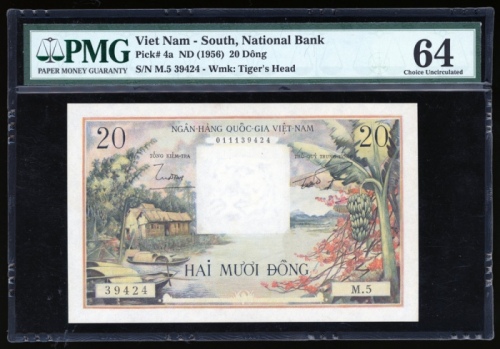  1956年越南国家银行贰拾铜，编号M.5 39424，PMG64 Viet Nam-South, 20 dong, ND(1956), serial number M.5 39424, (Pick 4