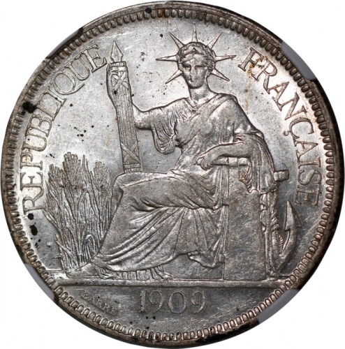  1909A法属安南贸易银元，NGC AU55，#6375019-074 French Indo China, silver piastre, 1909A, NGC AU55, cert. #63750