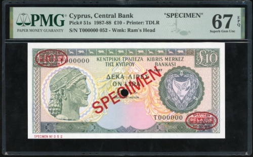  1987年赛普勒斯拾镑样票，编号T000000，PMG67EPQ Central Bank of Cyprus, specimen £10, 1987, serial number T000000, 