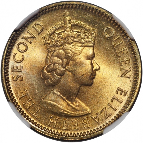  1956-H香港1毫，NGC MS65，#6450132-019 Hong Kong, nickel brass 10 cents, 1956-H, NGC MS65, Cert. #6450132-