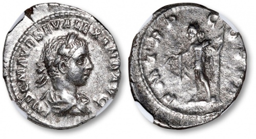  公元222-235年罗马帝国“皇帝亚历山大·塞维鲁像”迪纳里银币一枚，NGC Ch VF（4972149-014）