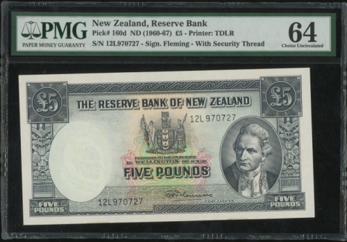  1960-75年纽西兰伍镑，编号12L970727，PMG64，微揭薄 New Zealand, Reserve Bank, 5 Pounds, ND (1960-75), serial number