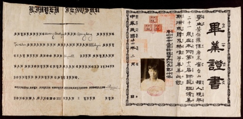  1935年广州市市立国语讲习所毕业证书，贴中山纪念碑税票1角3枚