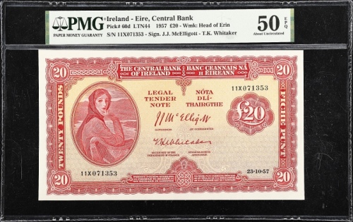  1957年爱尔兰国家银行20镑 PMG  AU 50 Central Bank of Ireland. 20 Pounds