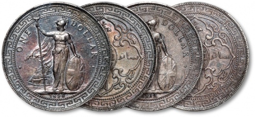  1898年、1912年香港不列颠尼亚女神站像壹圆银币共二枚，整体清晰，醇厚酱彩老包浆，均为金盾PCGS XF Detail（87564523、87564529）