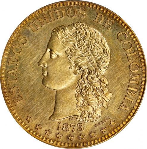  1873年哥伦比亚20比索金币 PCGS SP 62 COLOMBIA. Gold 20 Pesos Essai