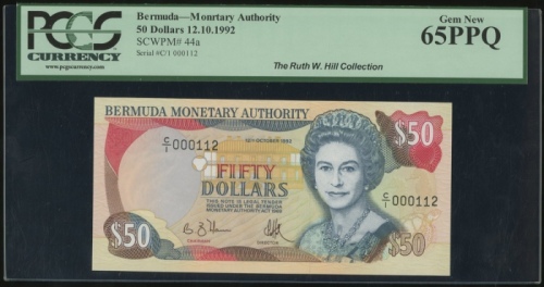  1992年百慕达伍拾圆，编号C/1 000112，Ruth W. Hill旧藏，PCGS Currency 65PPQ Bermuda, Monetary Authority, 50 dollars,