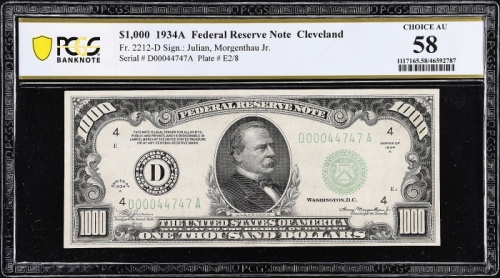  1934A美联储债券克利夫兰1000美元 PCGS BG AU 58 Fr. 2212-D. 1934A $1000 Federal Reserve Note