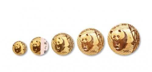  2002年熊猫纪念金币1盎司等一组5枚 完未流通