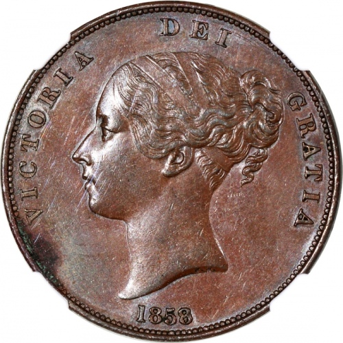  1858/7及1858年英国1便士2枚一组，分别评NGC UNC Details有环境损害及AU Details有环境损害，#6376454-004及#6376454-012 Great Britai