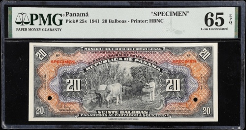  1941年巴拿马中央银行20巴尔博亚 PMG Gem Unc 65 EPQ PANAMA. Banco Central de Emision de la Republica de Panama