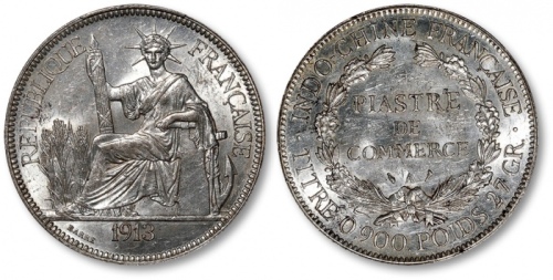  法属安南1913年自由女神坐像1比塞塔银币一枚，打制规范深峻，图案立体饱满，细节清晰，底版平整，原色旋转银光，丝滑闪亮，少见之上佳品相，金盾PCGS MS62（87564422）