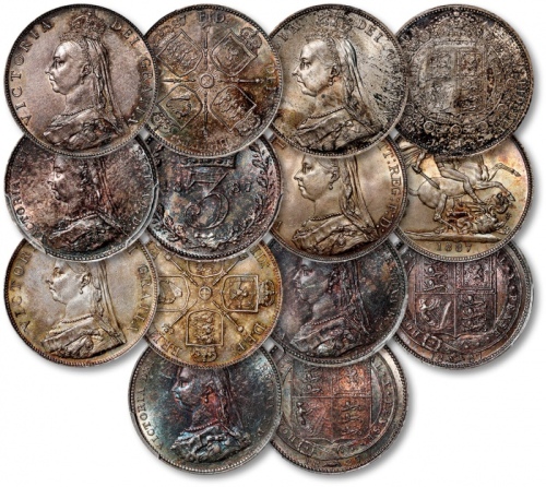  英国1887年维多利亚女王像3便士、6便士、1先令、1弗洛林、1/2克朗、2弗罗林、1克朗银币共计七枚全套，打制极为深峻，人像细节生动，底版光洁平整，原味欧洲五彩包浆，底光柔亮，状态极佳，带原盒，沪上