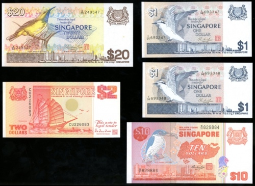  1976-91年新加坡纸币一组五枚，一至贰拾圆，编号F/94 693347-48、B/51 829884、A/53 249547及CU226083，均UNC（5） Singapore, a group
