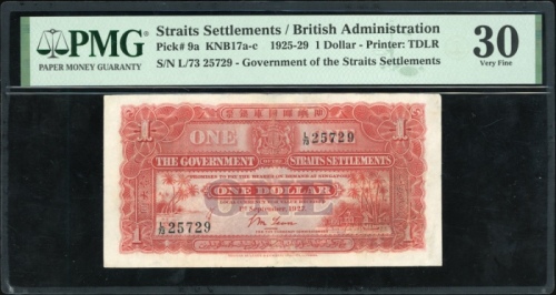  1927年肋屿押国库银票一圆，编号L/73 25729，PMG30 Straits Settlements, $1, 1 September 1927, serial number L/73 2572