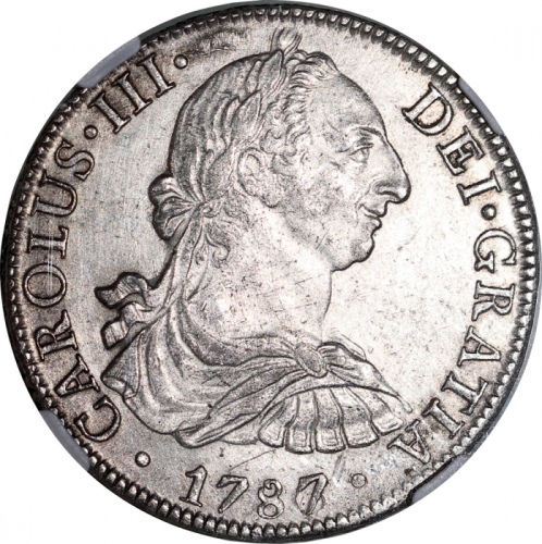 1787/6MO-FM墨西哥8里尔，NGC UNC Details (严重清洗)，罕见，#6137149-004 Mexico, Charles III, 8 reales, 1787/6MO-FM,