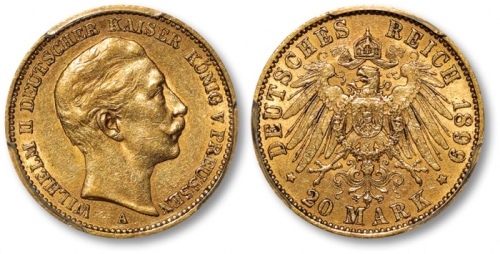  德国普鲁士1899年“皇帝威廉二世”像20马克金币一枚，打制规范清晰，金色纯正，状态自然，金盾PCGS AU55（37820619）