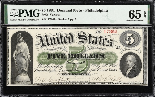  1861年5美元 PMG Gem Unc 65 EPQ 1861 $5 Demand Note