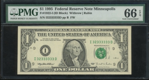  1995年美国一圆，编号I3233333D，PMG66EPQ United States, Federal Reserve Note Minneapolis, $1, 1995, serial num