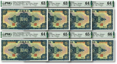  民国十七年（1928年）中央银行拾圆共8枚连号，上海地名，内含尾号“555”之豹子号，雕刻版纹路清晰，凹凸明显，色彩纯正，全新（其中1枚亚军分、2枚季军分、其余低评）