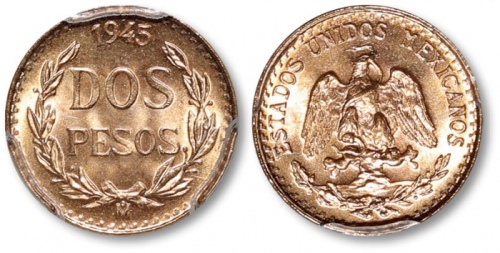  墨西哥1945年2比索铜币一枚，后铸，金盾PCGS MS67（86288056）