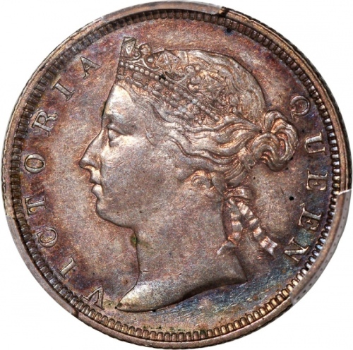  1879年香港维多利亚二毫，发行量20000枚，PCGS AU55，#46484172，虽分数不及前一项拍品，但本品双面均带彩虹包浆，夺目迷人，高分罕版美品，不容错过!