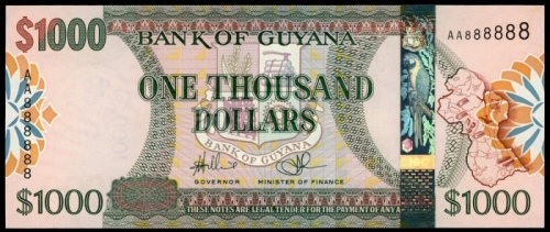  2011年盖亚那一仟圆，「幸运」编号AA888888，UNC Bank of Guyana, $1000, ND (2011), serial number AA888888, (Pick 39), 