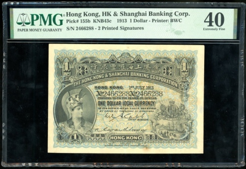  1913年香港上海汇丰银行1元，编号2466288，PMG 40，有轻微銹渍 Hong Kong & Shanghai Banking Corporation, $1, 1.7.1913, seria