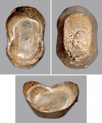  清山西“咸丰年月·平遥县·孟万春·足色”五十两银锭一枚，重：1857.9g，此锭铸造精良，造型美观，字戳清晰完整，文字秀美，原色银光粉亮，品相顶级，年份少见，如此品相保存百年极为难得，值得珍视与推重，