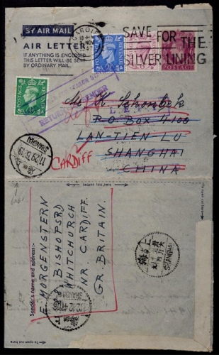  1947年英国寄上海航空邮简改退，乔治六世6便士国际航空邮简加贴半便士、2.5便士及6便士各一枚