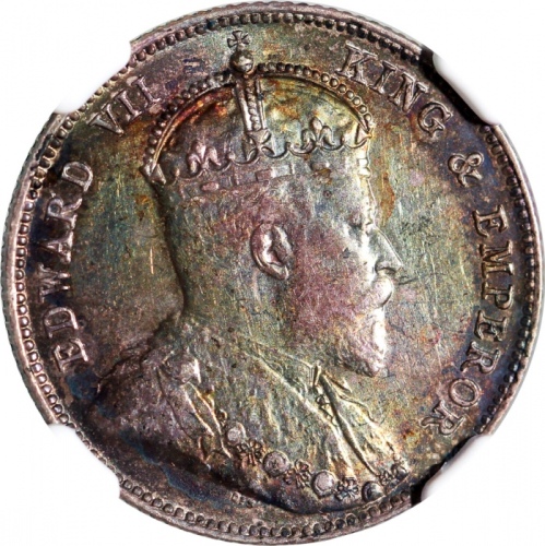  1902年香港2毫，带均匀包浆，NGC AU53，#6376742-015 Hong Kong, silver 20 cents, 1902, Edward VII on obverse, evenl