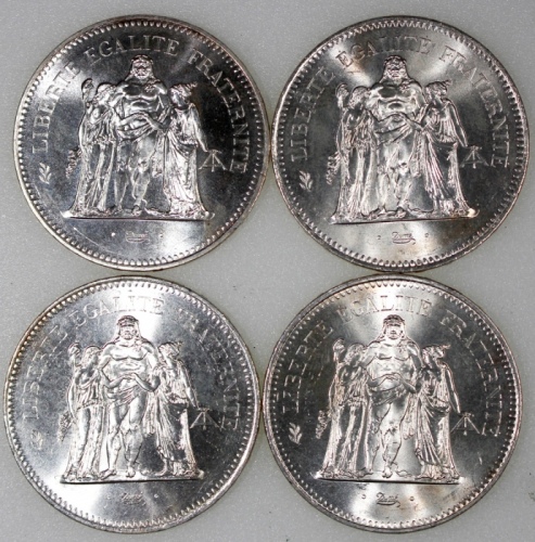  法国50法郎银币4枚一组，包括1974，1975，1976及1977年，EF至AU，带原光 France, a group of 4x silver 50 francs, 1974, 1975, 19