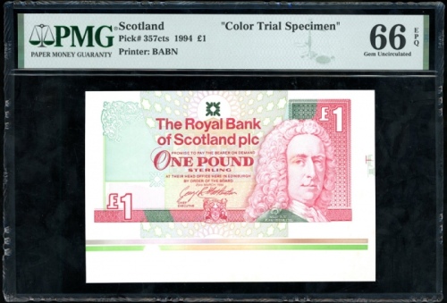  1994年苏格兰皇家银行一镑试色样票，无编号，PMG66EPQ，少见品种 Royal Bank of Scotland, colour trial £1, 1994, no serial number
