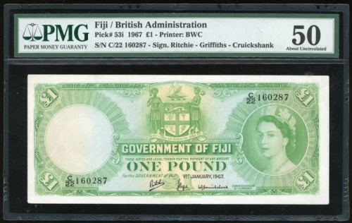  1976年斐济一镑，编号C/22 160287，PMG50 Fiji, £1, 1967, serial number C/22 160287, (Pick 53i), PMG 50.