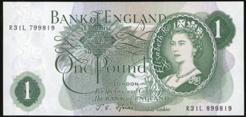  1967年英国一镑，错体编号R31L 799819/899819，UNC Bank of England, ERROR £1, ND (1967), mismatch serial numbers R