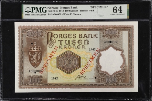  1942年挪威银行1000克朗票样 PMG Choice Unc 64 NORWAY. Norges Bank. 1000 Kroner