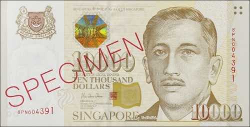  新加坡10000元票样 近未流通 SINGAPORE. Board of Commissioners of Currency. 10,000 Dollars