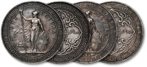  1901年香港不列颠尼亚女神站像壹圆银币共二枚，C版，打制规范，整体清晰，醇厚原味深灰色包浆，状态自然，海外回流，分别为金盾PCGS XF、AU Detail（87564429、87564435）