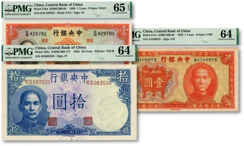  中央银行纸币共3种，详分：中华版1935年宝鼎图壹圆，前后字轨，孔祥熙·李觉签名；华德路版1936年壹圆，柱体号码版，李觉·黄秀峰签名；德纳罗版1942年拾圆；纸张硬挺，色彩纯正，海外资深藏家出品，九