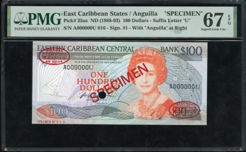  1988-93年东加勒比一佰圆样票，编号A000000U，PMG67EPQ Eastern Caribbean Central Bank, specimen $100, ND (1988-93), s