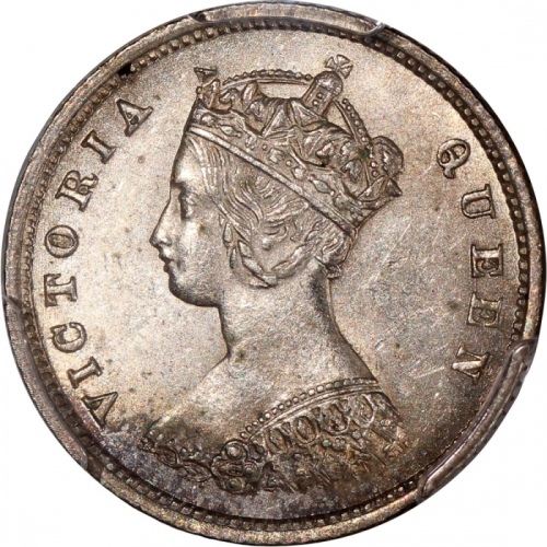  1866年香港维多利亚一毫，十珠版，PCGS MS63，#46484206，罕见皇家造币厂版别