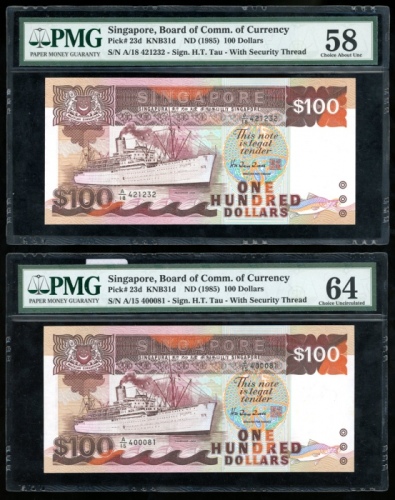  1985年新加坡一佰圆一组两枚，编号A/15 400081及A/18 421232，均PMG58-64（2） Singapore, a pair of $100, ND(1985), serial n
