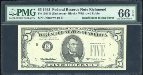  1995年美国伍圆错体，编号及印章漏印，PMG66EPQ United States, Federal Reserve Note Richmond, ERROR $5, 1995, serial nu