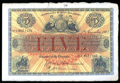  1943年苏格兰联合银行伍镑，编号E803/105，VF The Union Bank of Scotland, Limited, £5, 1943, serial number E 803/105,