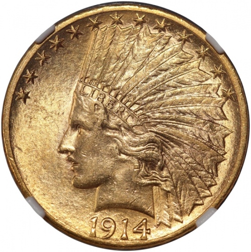  1914美国10元金币，NGC AU55，#6471022-005 United States, gold $10, 1914, NGC AU55, #6471022-005.