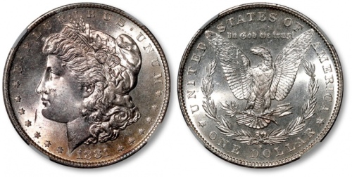  美国1881年1美元摩根银币一枚，打制规范，图案细节清晰分明，浮雕感强烈，淡金色包浆，旋转底光，丝滑闪亮，状态上佳，CNCS MS64（100025571）
