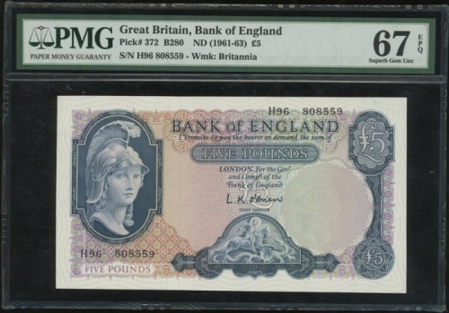  1961-63年英国伍镑，编号H96 808559，PMG67EPQ Great Britain, Bank of England, £5, ND(1961-63), serial number H9