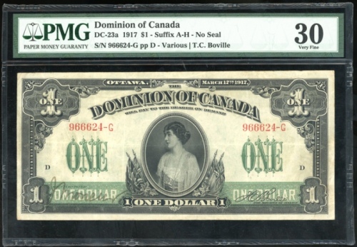  1917年加拿大一圆，编号966624-G，PMG30 Dominion of Canada, $1, 1917, serial number 966624-G pp D, no seal, (DC-