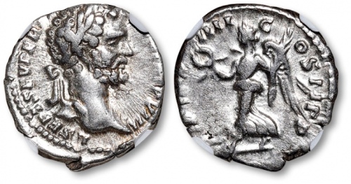  公元193-211年罗马帝国“皇帝塞维鲁像”迪纳里银币一枚，NGC Ch F（4972149-013）