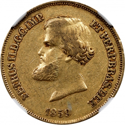 1859年巴西10000雷亚尔金币 NGC AU 55 BRAZIL. 10000 Reis, 1859
